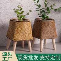 室内仿藤编花架三角支架花盆桌面创意多肉收纳容器办公室草编盆