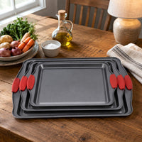 3 Pieces Rectangular Cooking Tray Red Silicone Handles Nonstick Cooking Tray Thickened Carbon Steel Oven Pans