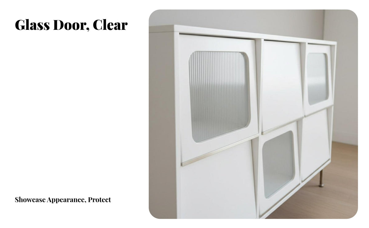 Retro Design Multi-Door Storage Console Ribbed Glass Panels Flip-Door Credenza Sturdy Build Display Cabinet Modern Design for Book Lovers, Vinyl Collectors, Living Room, Home Office, Entryway, Hallway