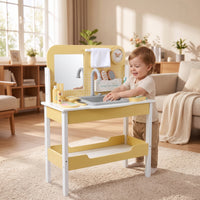 Kids Vanity Set with Mirror Interactive Wooden Vanity Realistic Kids Play Sink for Young Children, Playroom, Bedroom