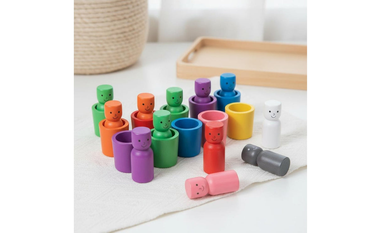 24 Pieces Develops Fine Movement Skills Color Sorting Peg People Toy Materials Wooden Peg Dolls and Cups Unrestricted-Ended Play