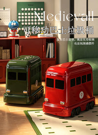 Cartoon Bus Trash Can with Wheels, 12L, Plastic, Press-Open Lid