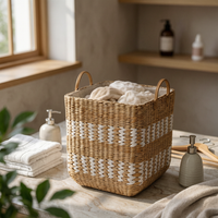 Woven Laundry Hamper Large Capacity Lined Storage Basket Rustic Style Storage Bin for Washroom