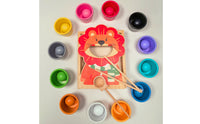 Natural Wood Feeding Toy with Lion Board Preschool Color Matching Toy with Cups and Balls Child-Centered Wooden Sorting Game with Scooping Tools Hand-Eye Coordination for Preschoolers