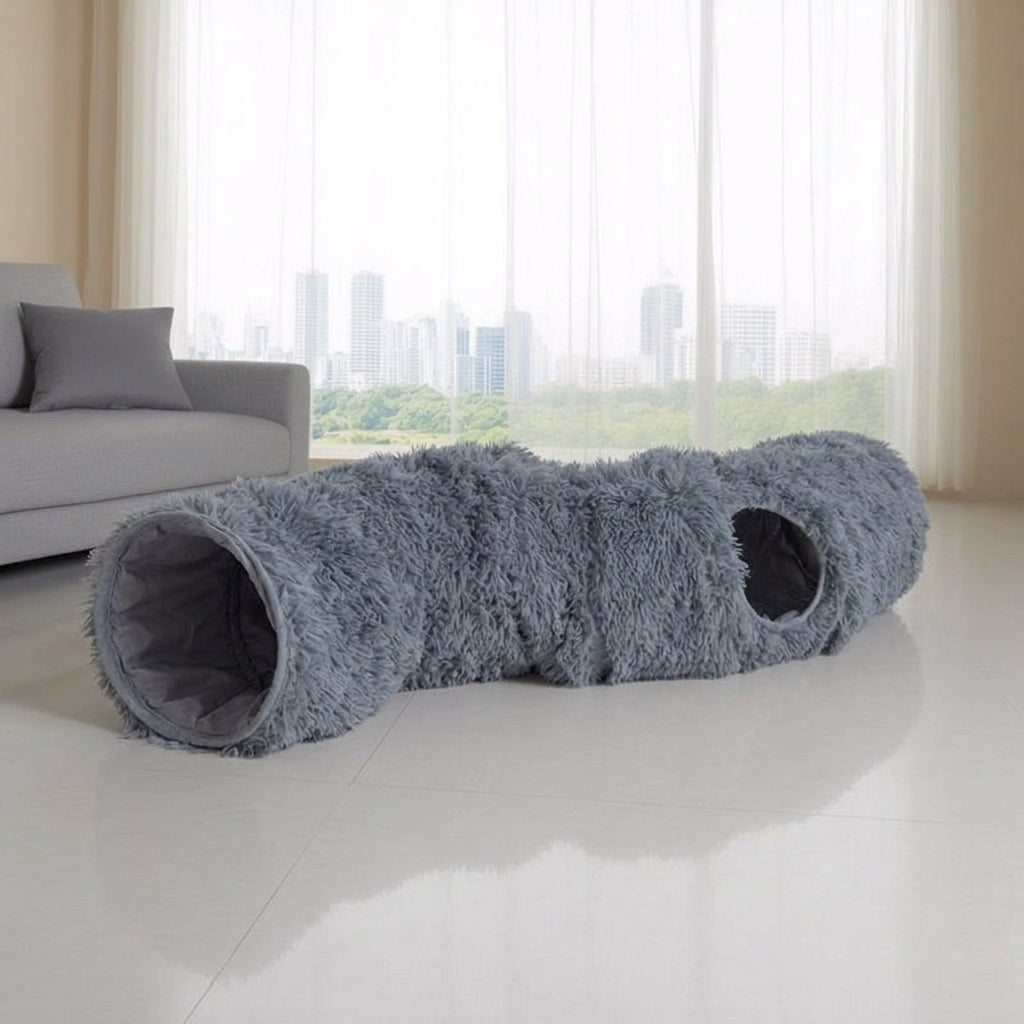 S-Shaped Cat Tunnel for Indoor Cats, 25cm x 120cm Cat Tunnel, Foldable Gray Plush Hideaway for Kittens and Small Animals