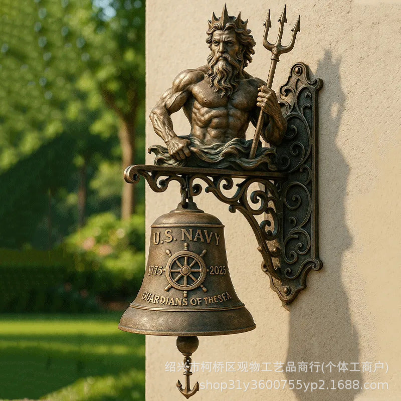 American Retro Nautical Wall Doorbell with Ship's Wheel and Poseidon Design
