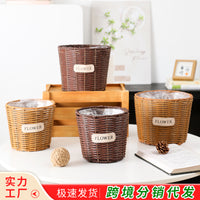 TEMU热卖仿藤编花盆柳编花篮编织绿萝插花多肉桌面创意草塑编花盆