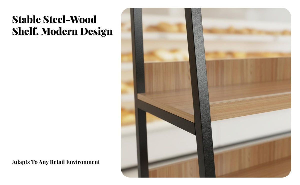 Heavy-Duty Bread Display Rack High Load-Bearing Steel and Wood Bread Shelf Stable Structure Supermarket Island Cabinet Wear-Resistant for Bakery Owners, Retailers, Grocery Retail Outlet Managers, Bakeries, Supermarkets, Convenience Retail Outlet S