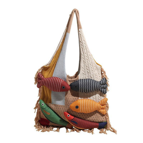Tote Bag with Fish Appliques Boho Bag with Fish Applique Soft for Errands, Women