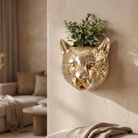 Gold Animal Head Wall Vase Lifelike Leopard Head Vase Decorative Wall Mount Flower Holder 3D for Entryway