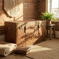 Vintage Suitcase Trunk Lockable Clasp Vintage Storage Trunk Leather-Like Finish Metal Corner Trim