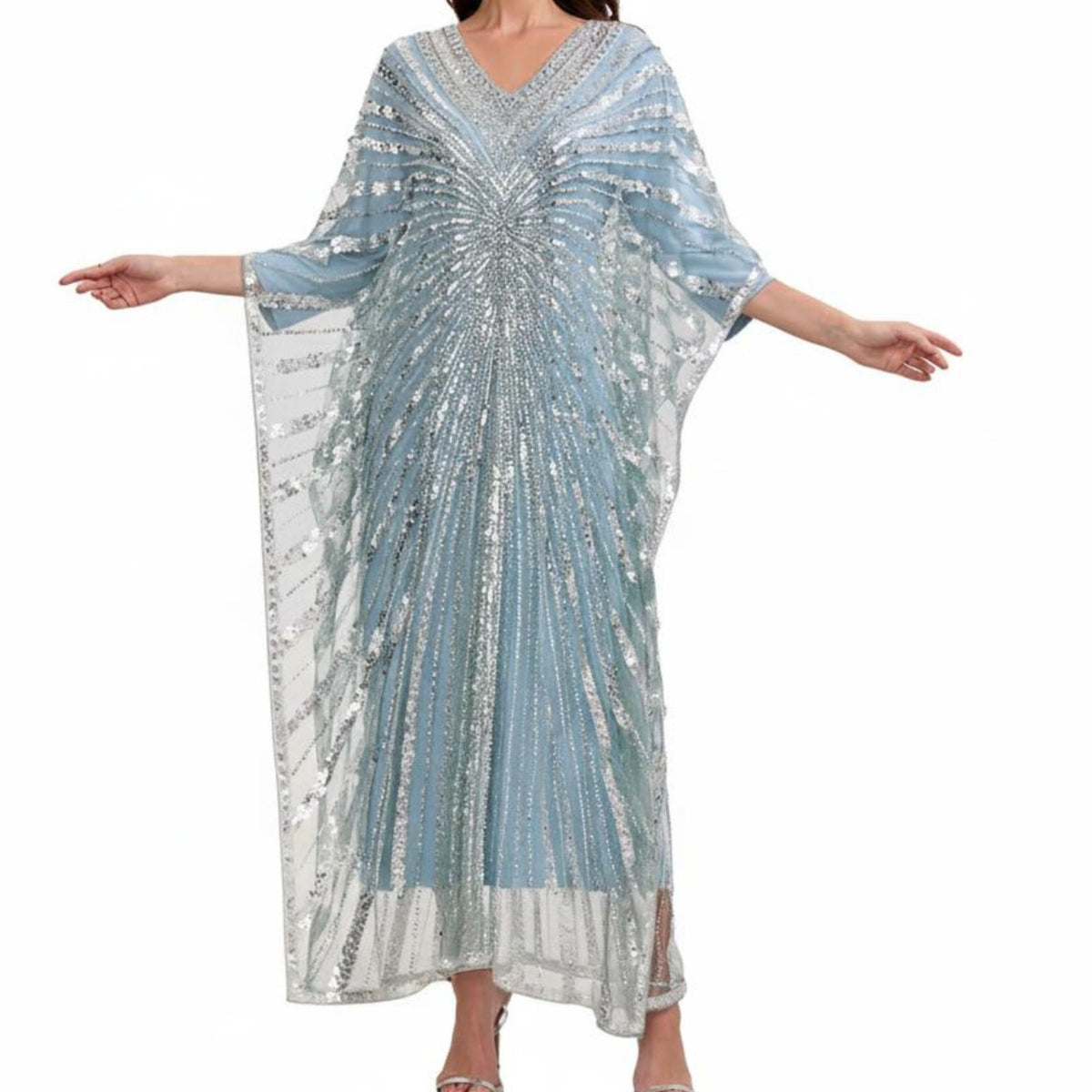 Sequins Beaded Kaftan Glittering Sequins Glitter Mesh Overlay Dress Draping Silhouette Embellished Maxi Dress for Evening Event, Party