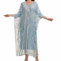 Sequins Beaded Kaftan Glittering Sequins Glitter Mesh Overlay Dress Draping Silhouette Embellished Maxi Dress for Evening Event, Party