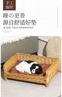 狗窝藤编可拆洗夏季透气不易沾毛宠物床金毛泰迪大中型犬四季通用 方形原色窝【不粘毛科技布垫】 大号:67*52cm【适合30斤内宠物】