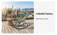 Stable Structure Rainbow String Rocking Chair Comfortable Ergonomic Design Colorful Woven Rocking Chair Wide Seat Steel Frame Rocker Indoor Outdoor Use for Relaxation Seekers, Homeowners, Adults, Living Room, Patio, Garden, Coffee Shop
