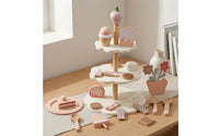 Wooden Dessert Stand Toy Rounded Edges Dessert Stand Playset Printed Details Pretend Tea Time Set for Children