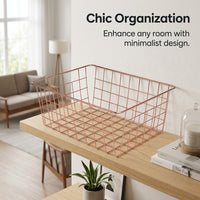 Bathroom Storage Wire Basket with Handle and Decorative Electroplated Finish, Metal Organiser for Pantry and Books, Tapered Design for Shelves