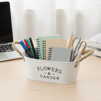 Farmhouse Oval Planter with Rope Handles Rustic Metal Planter Container White Flowers and Garden Container Tapered for Tabletop