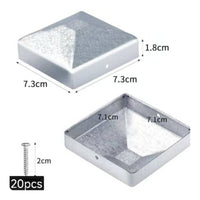 Galvanized Steel Square Fence Post Cap Deck Post Cover Fence Cap Sloped Top Faces Fence Post Topper Fence Hardware Silver Finish Screw Included Suitable for Outdoor Fence Protection Pathway Posts Porch Railings Public Spaces