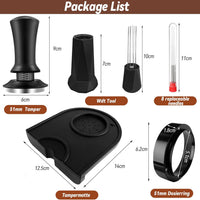 Stainless Steel Coffee Tamper with Adjustable Calibration and Magnetic Dosing Ring Kit