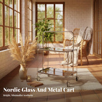 Easy Mobility Foldable Glass Cart Multi-Functional Rolling Serving Cart Versatile Wheeled Beverage Trolley Locking Wheels for Apartment Dwellers, Entertainers, Home Decor Enthusiasts, Living Room, Kitchen, Parties, Bedroom
