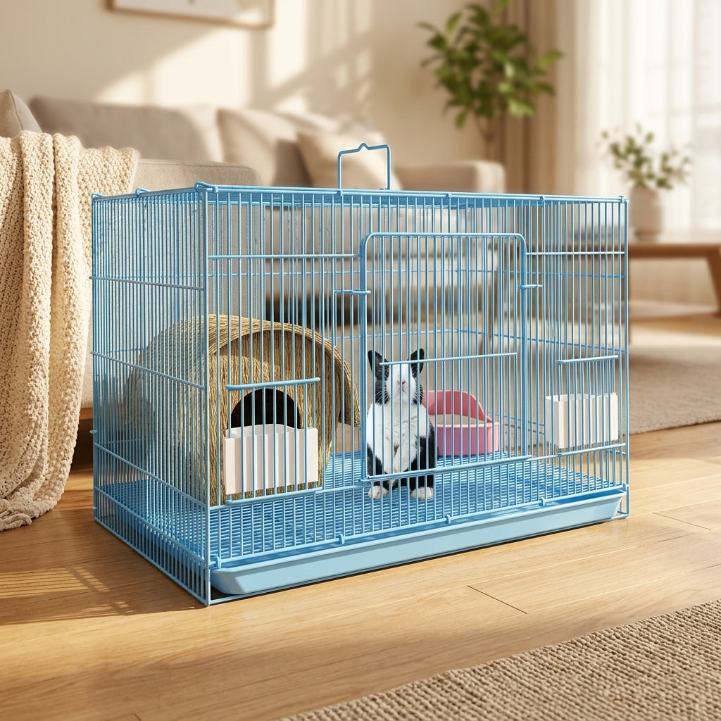 Small Animal Cage with Removable Tray, Guinea Pig Accessories, Chinchilla Cage, Metal Bunny Habitat with Grass Bedding Area Bundle