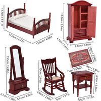Dollhouse Miniature Furniture Model Ornaments 1:12 Miniature Bedroom Scene ob11 Wooden Bed Furniture 7-Piece Set