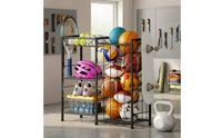Wire Frame Sports Ball Rack Black Metal Tiered Ball Rack Elastic Straps Foldable for Indoor Use