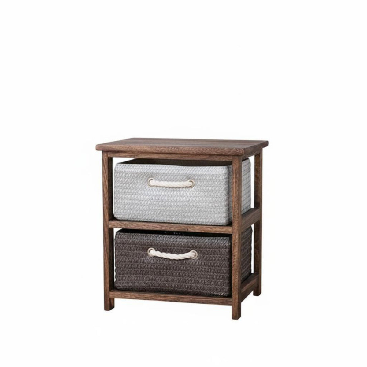 Narrow Bedside Storage Cabinet Woven Baskets Solid Wood Frame Drawer Unit Rope Handles Nightstand End Table for Bedroom, Hallway