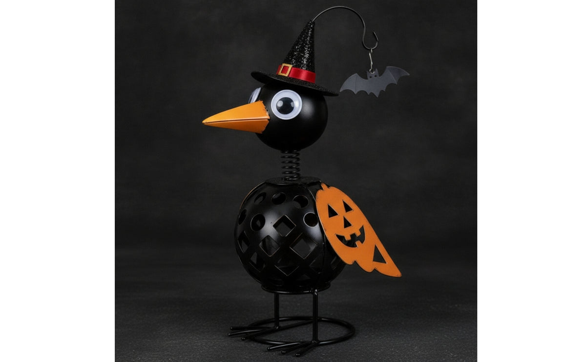 Wrought Iron Crow Figurine with Pumpkin Body Whimsical Crow Ornament Spooky Ornament with Witch Hat Rustic for Entryway