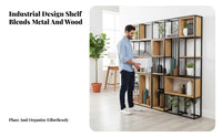 Floor Standing Partition Cabinet Openwork Crafted Metal Frame Storage Rack Solid Wood Shelves Standing Bookshelf for Office Workers, Study, Bedroom