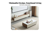 Extendable Design Retractable Media Stand with Coffee Table Large Storage Capacity TV Stand and Coffee Table Set Minimalist Aesthetic Entertainment Center Rounded Corners for New Residents, Homeowners, Families, Living Room, Apartment, Home