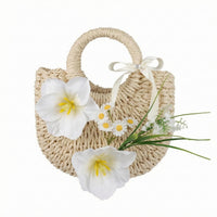 Woven Straw Handbag Floral Decoration Women's Accessory Structured