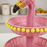 Two-Tier Fruit Basket Woven Flamingo Snack Stand Decorative Wicker Dessert Tray for Party