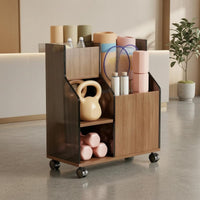 Caster Wheels Wheeled Storage Rack Open Front Exercise Mat Rack Wood Grain Exercise Storage Cabinet Compact