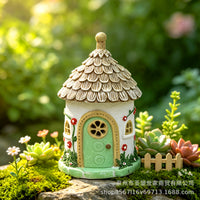 跨境新款童话小镇蘑菇房微景观花园树脂氛围装饰太阳能树脂摆件