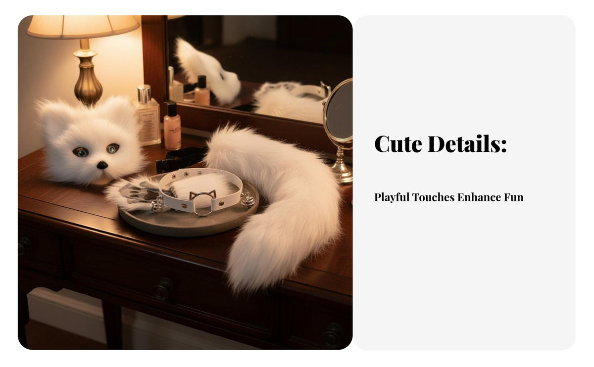 Faux Animal Cosplay Set Furry Face Covering Tail Gloves Set Fuzzy With Bells Costume Accessories for Women, Teens, Halloween,