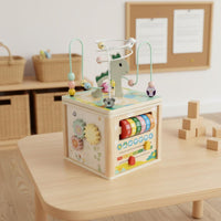 Color Recognition Wooden Activity Cube Multifunction Wooden Bead Maze Cube Hand Eye Coordination Educational Busy Box Fine Movement Skills for Toddlers, Babies, Preschool, Nursery, Kindergarten