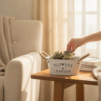 Farmhouse Oval Planter with Rope Handles Rustic Metal Planter Container White Flowers and Garden Container Tapered for Tabletop