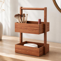 Wooden Desktop Cosmetic and Jewelry Storage Box with Double Layer for Vanity and Bedroom