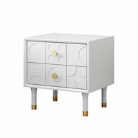 Nordic Design Carved 2-Drawer Nightstand Mid-Twentieth Century-Century Modern Aesthetic Carved 2-Drawer End Table Versatile Use Bedside Cabinet Brass Knobs for Homeowners, Apartment Dwellers, Adults, Guest Room, Hotel, Entryway