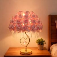 Rose Lamp with Crystal Strands Romantic Heart Lamp with Crystal Pendant Warm Glow Floral for Girls, Bedroom, Nightstand
