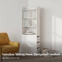 debris-proofResistant Tall Narrow Cabinet with Sliding Doors Space-Saving Tall Storage unit with Doors Bottom Drawer storage cabinet Modern Design for Book Lovers, Apartment Dwellers, Professionals, Living Room, Study, Bedroom