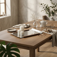 Stainless Steel Tray with Wood Strips Reflective Mirrored Display Tray Decorative for Tabletop