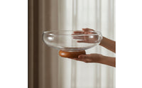 Glass Fruit Bowl with Wooden Pedestal Minimalist Glass Fruit Bowl Clear Countertop Organizer for Kitchen Counter, Dining Table