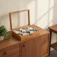 Wood-Grain Watch Box with Glass Lid Wooden Watch Box with Window Multi-Slot Storage Holder Dust-Resistant for Collectors, Dresser, Vanity