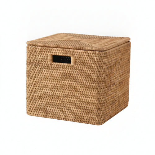 Rattan Storage Basket with Lid Small Lidded Rattan Basket Compact for Bedroom