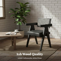 Upholstered Armchair with Cane Flanks Artisanal Rattan Mesh V-Leg Woven Armchair Sturdy Wood Construction Natural Design