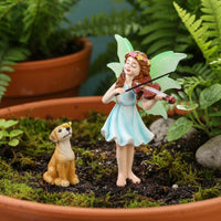Violin Playing Fairy and dog figurine Statue Weather Resistant Resin Fairy Garden Ornament Hand-Painted Details for Lawn, Terrarium