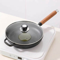 Frying Pan with Glass Lid and Wooden Handle, Heavy Duty Cast Iron Skillet for Steak, Nonstick Pancake Pan and Egg Pan, Flat Bottom Iron Pan